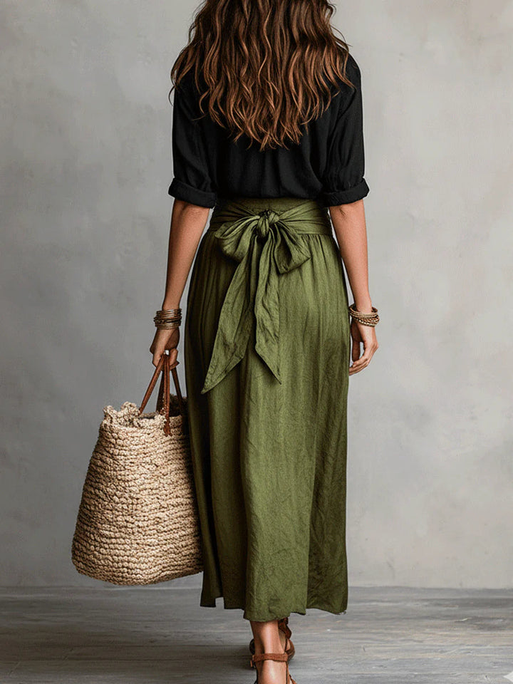 Two-piece set with button shirt and tie-waist midi skirt for women