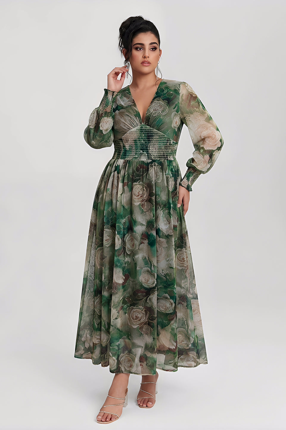 Plus size long sleeve maxi dress with floral waist for women