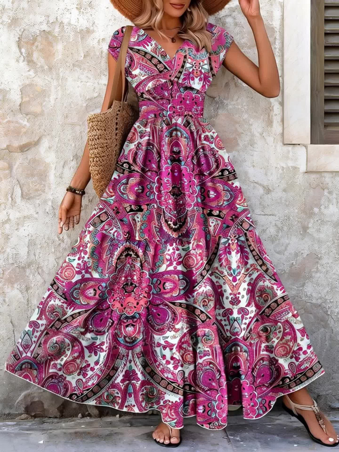 Paisley print maxi dress with gathered waist for women