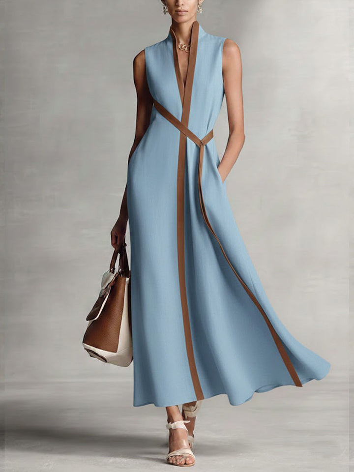 Sleeveless V-neck midi dress with contrast trim for women