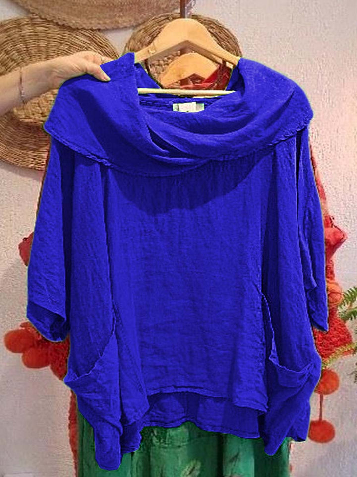 Cotton draped neck top with 3/4 sleeves and pockets for women