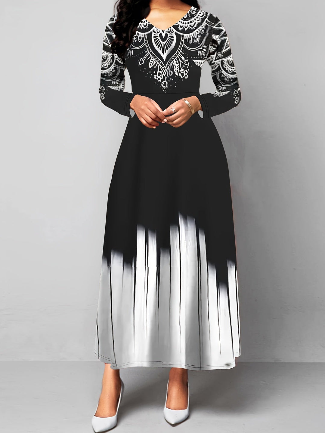 Ornamental print maxi dress with flared skirt for women