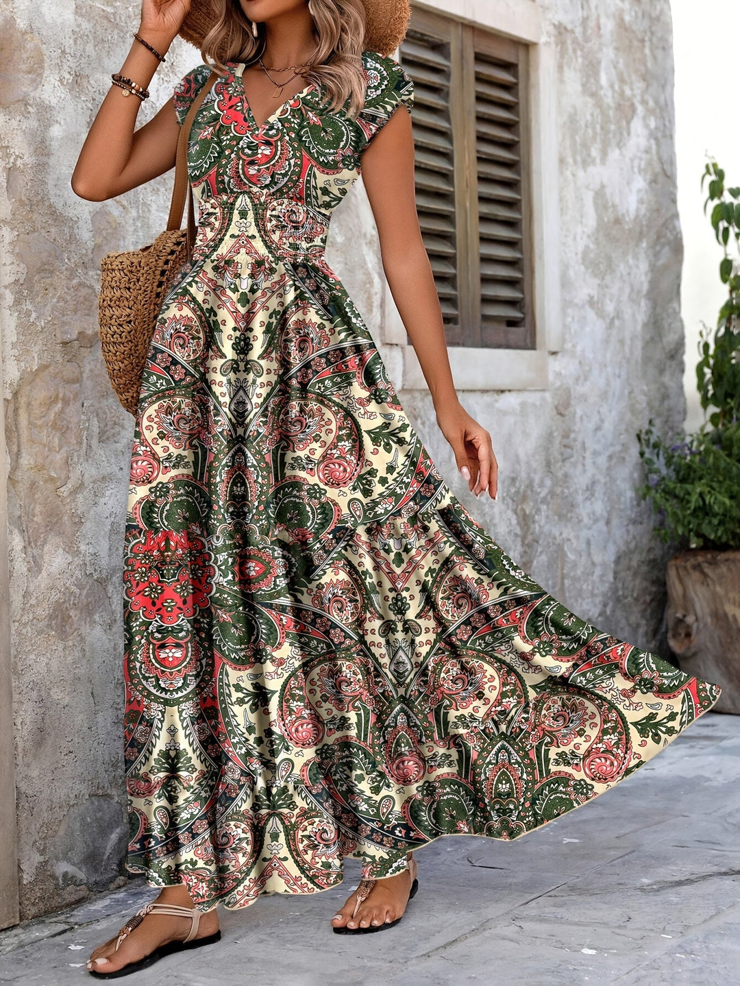 Paisley print maxi dress with gathered waist for women