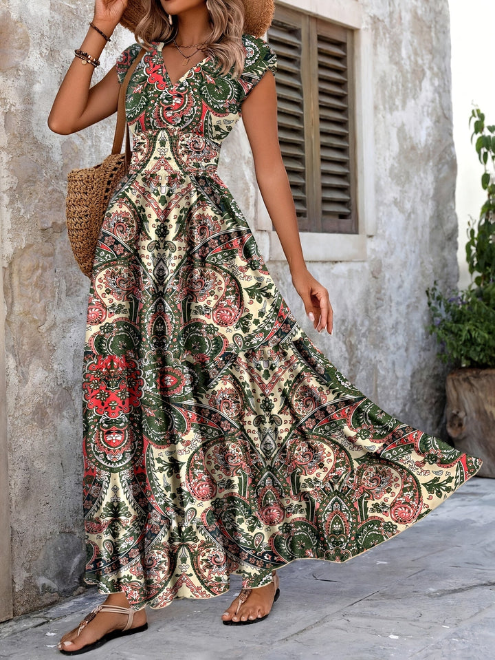 Paisley print maxi dress with gathered waist for women