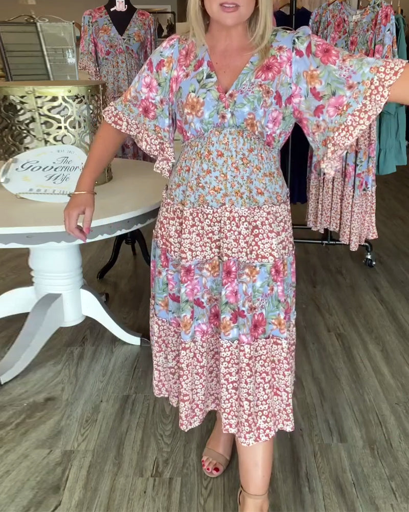 Floral maxi dress with V-neck and ruffle half sleeves for women