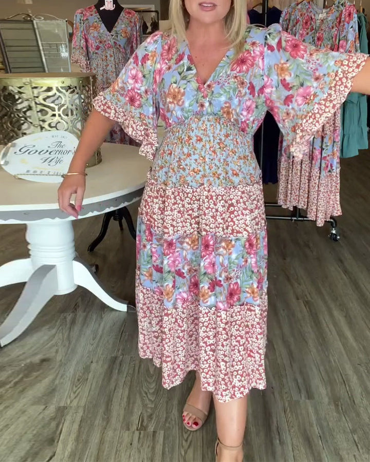 Floral maxi dress with V-neck and ruffle half sleeves for women
