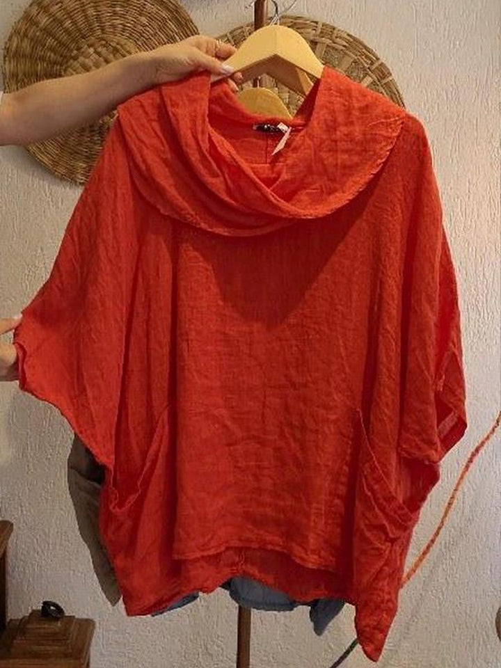 Cotton draped neck top with 3/4 sleeves and pockets for women