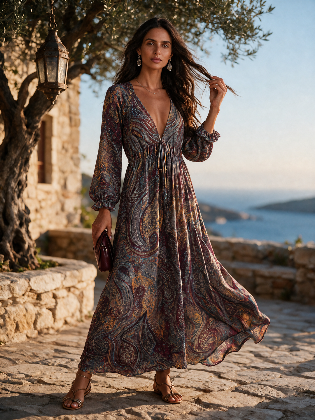 Paisley print v-neck maxi dress with tie waist for women