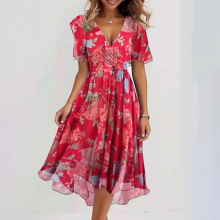 Printed short sleeve dress with V-neck and asymmetric hem for women