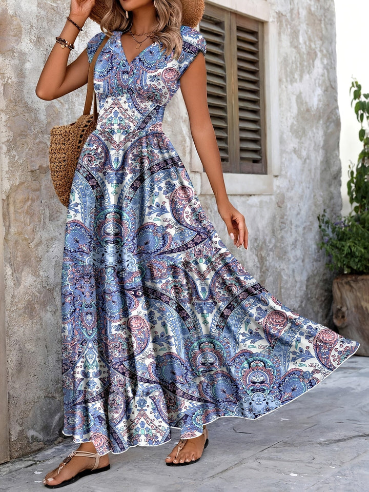 Paisley print maxi dress with gathered waist for women