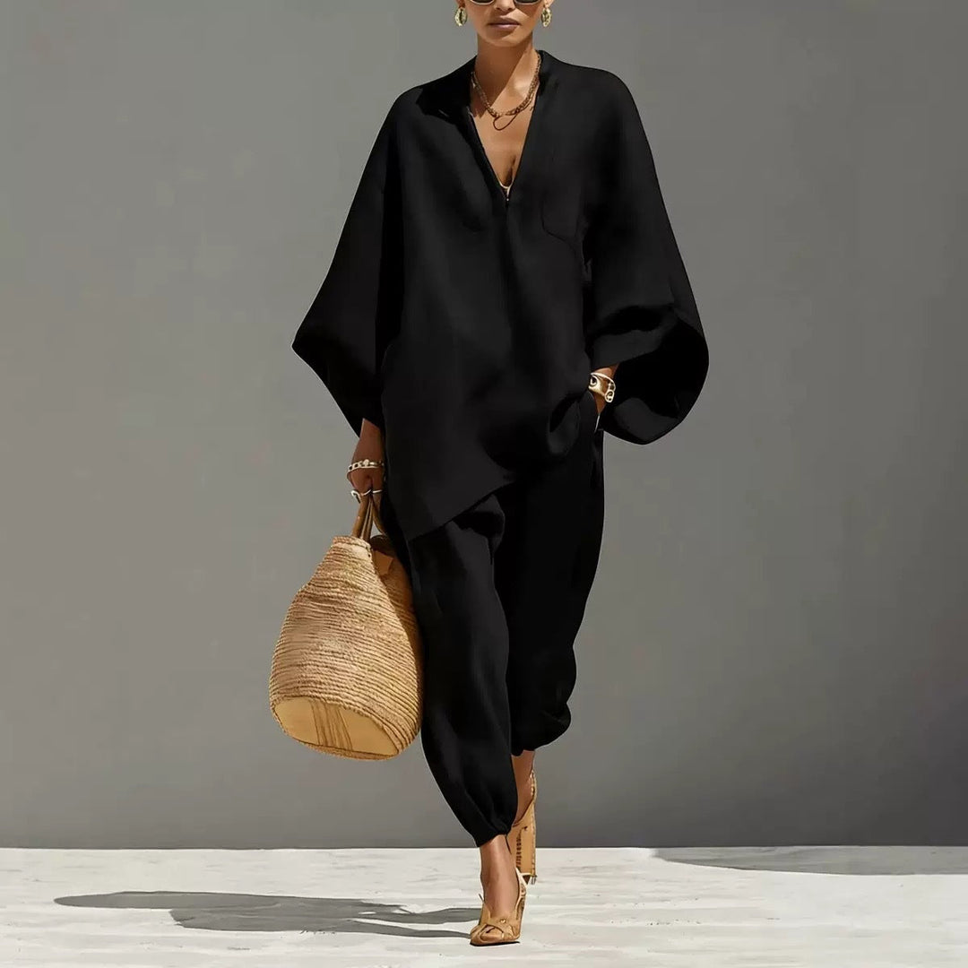 Linen blend two-piece set with oversized V-neck tunic and jogger pants for women