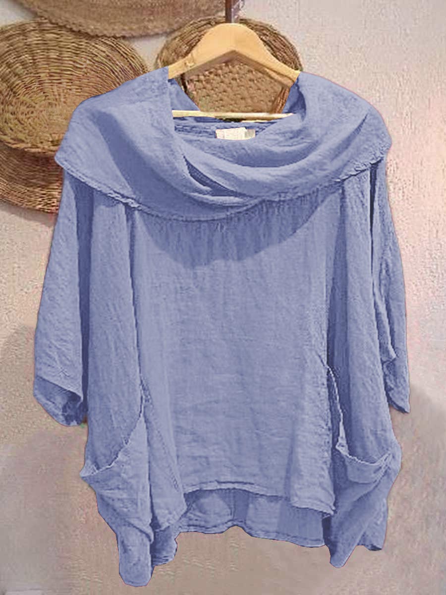 Cotton draped neck top with 3/4 sleeves and pockets for women