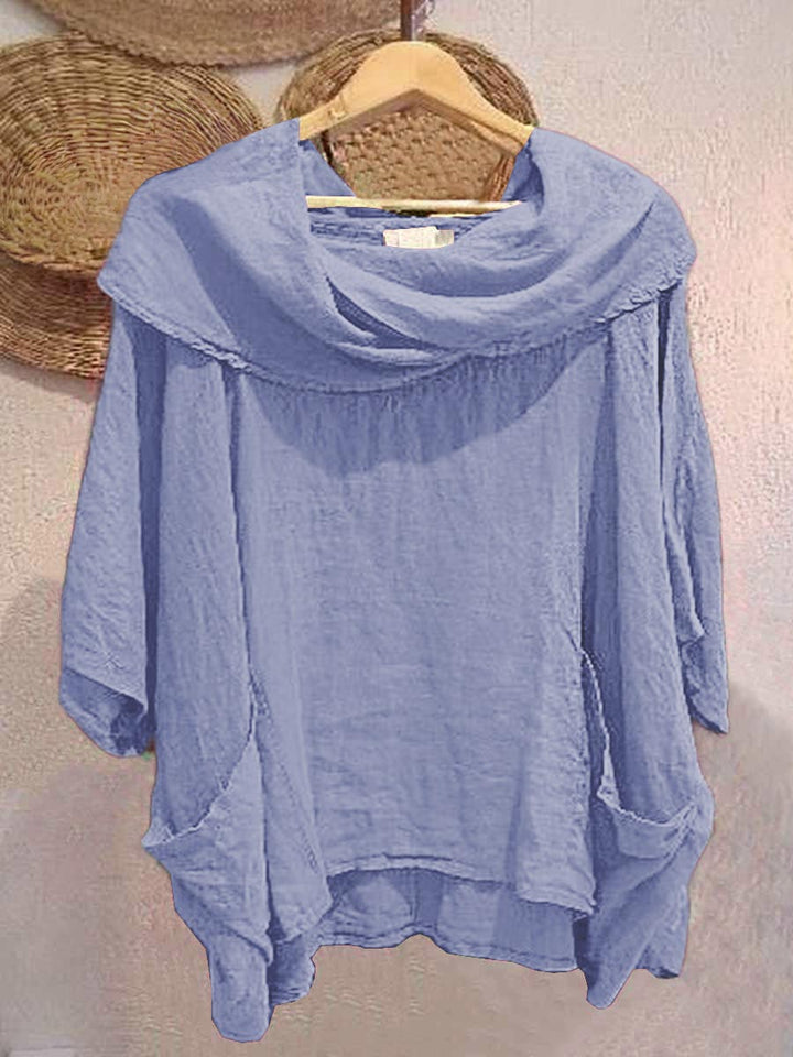 Cotton draped neck top with 3/4 sleeves and pockets for women