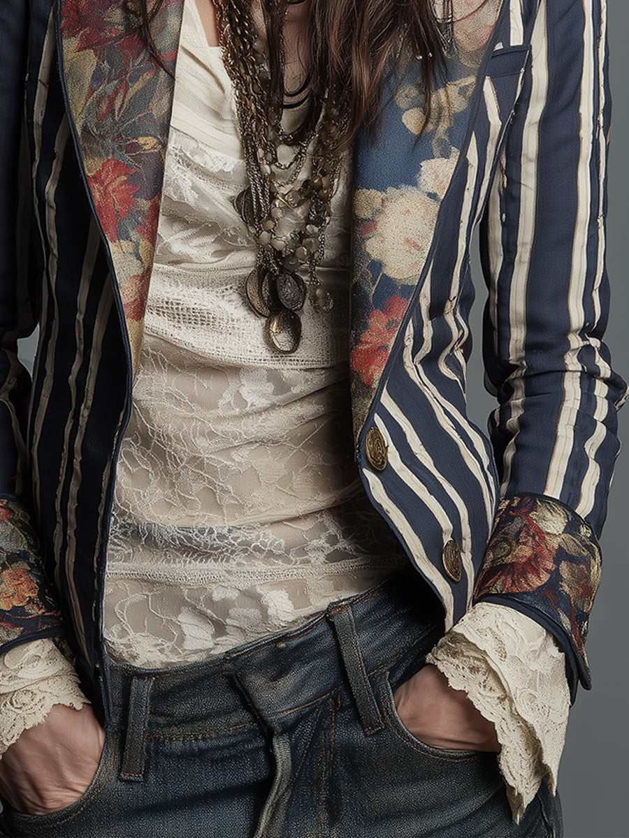 Cotton linen striped blazer with floral print for women