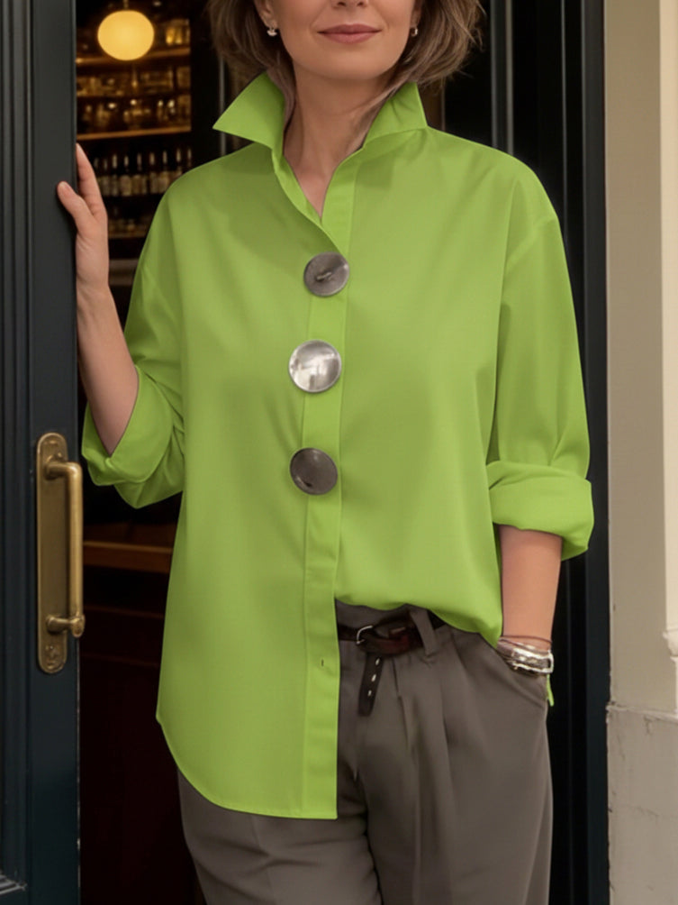 Cotton linen blouse with stand collar and statement buttons for women