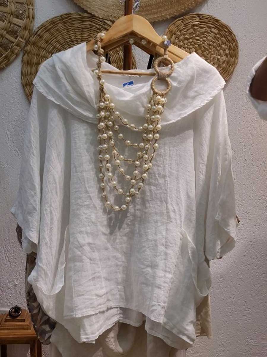 Cotton draped neck top with 3/4 sleeves and pockets for women