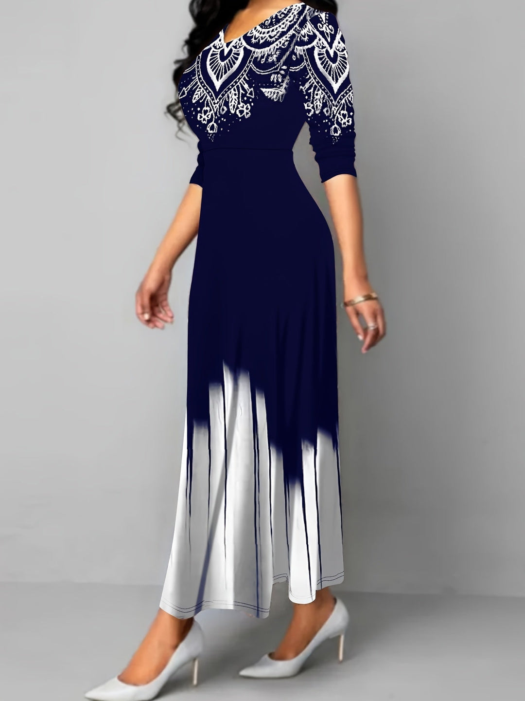 Ornamental print maxi dress with flared skirt for women