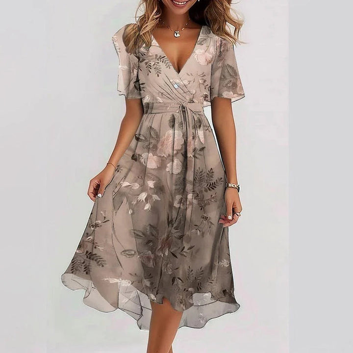 Printed short sleeve dress with V-neck and asymmetric hem for women