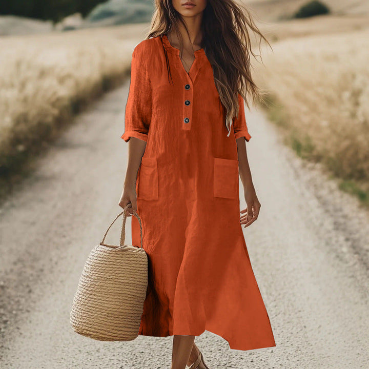 Kaftan dress with linen look henley neckline and pockets for women