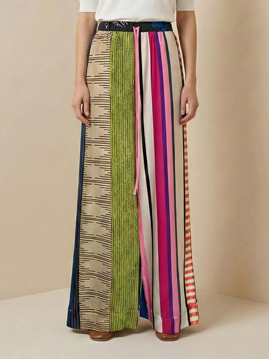 Striped wide-leg trousers with drawstring waist and contrast print for women