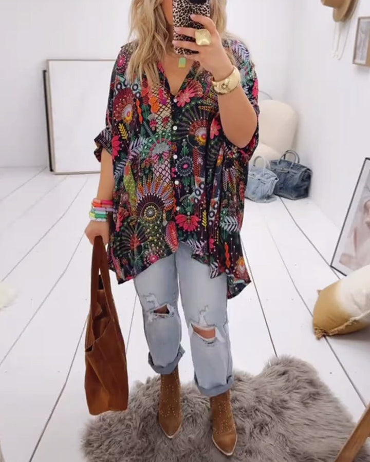 Printed blouse loose fit with lapel collar and half sleeves for women