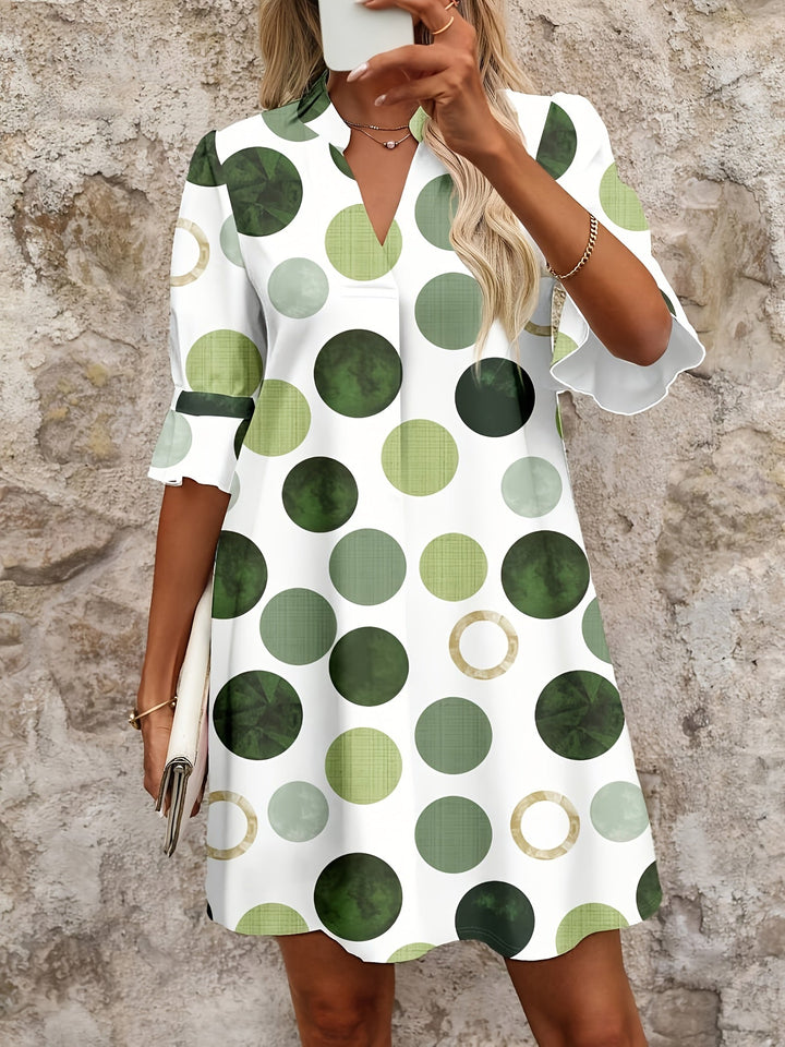Polka dot mini dress with collared V-neck and ruffled 3/4 sleeves for women