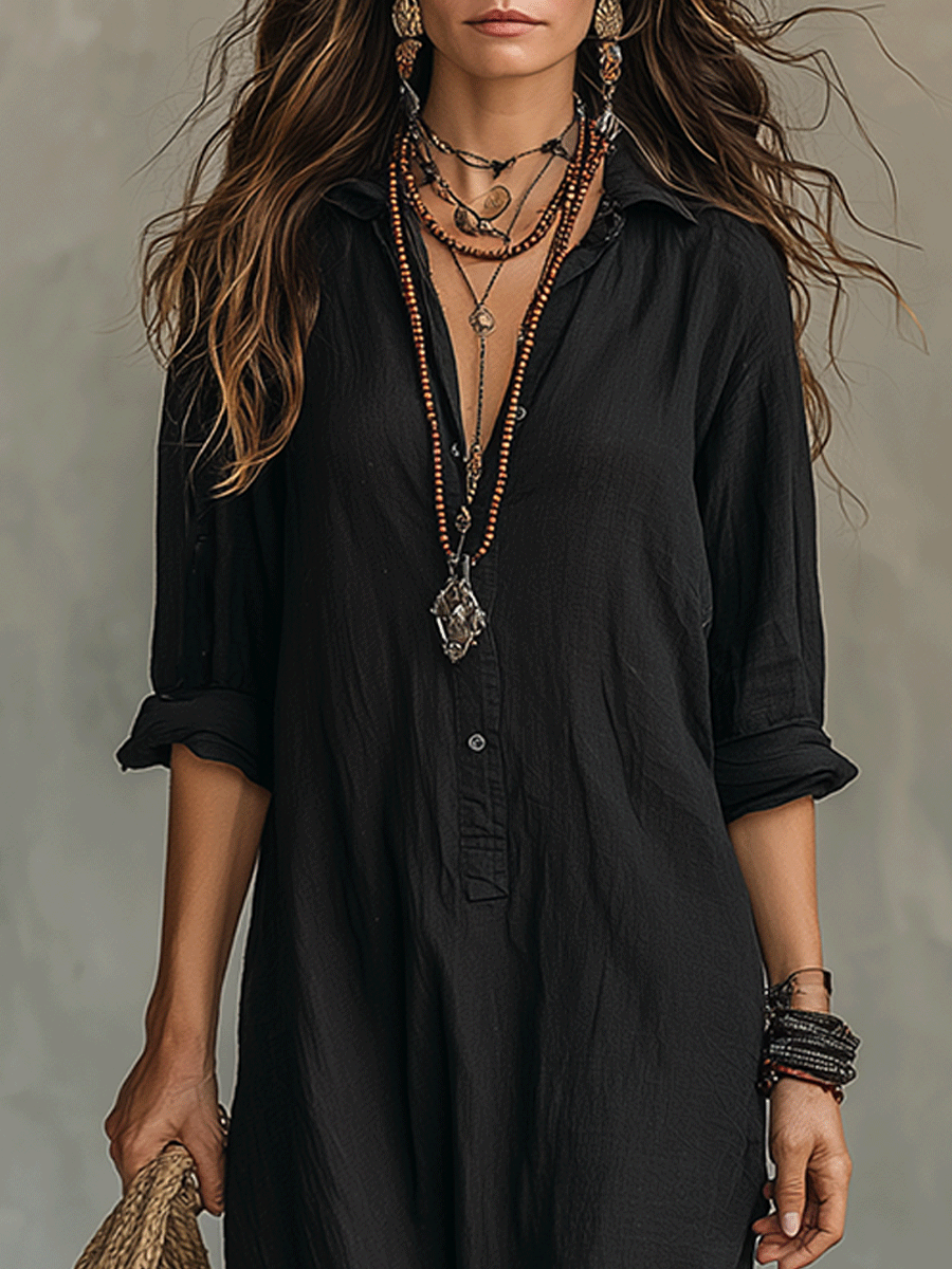 Button-front boho shirt maxi dress with long sleeves for women