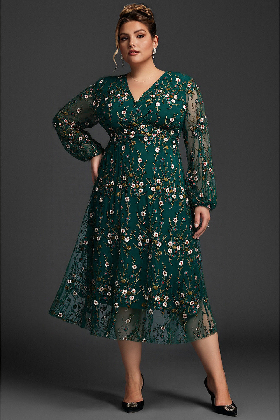 Plus size embroidered maxi dress with ruffle sleeves for women