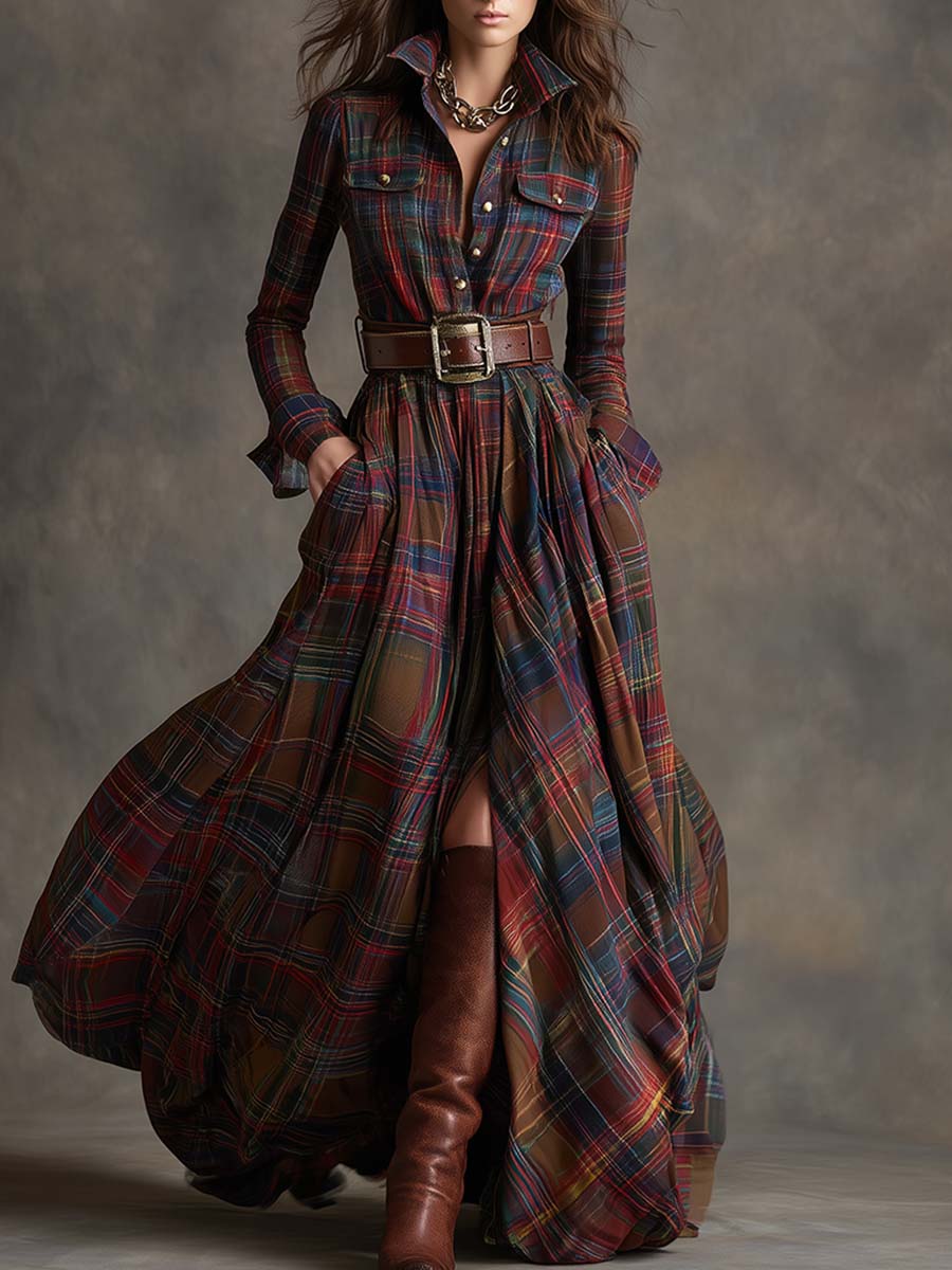 Button-up shirt dress with waist belt for women