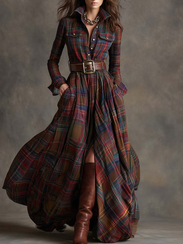 Button-up shirt dress with waist belt for women