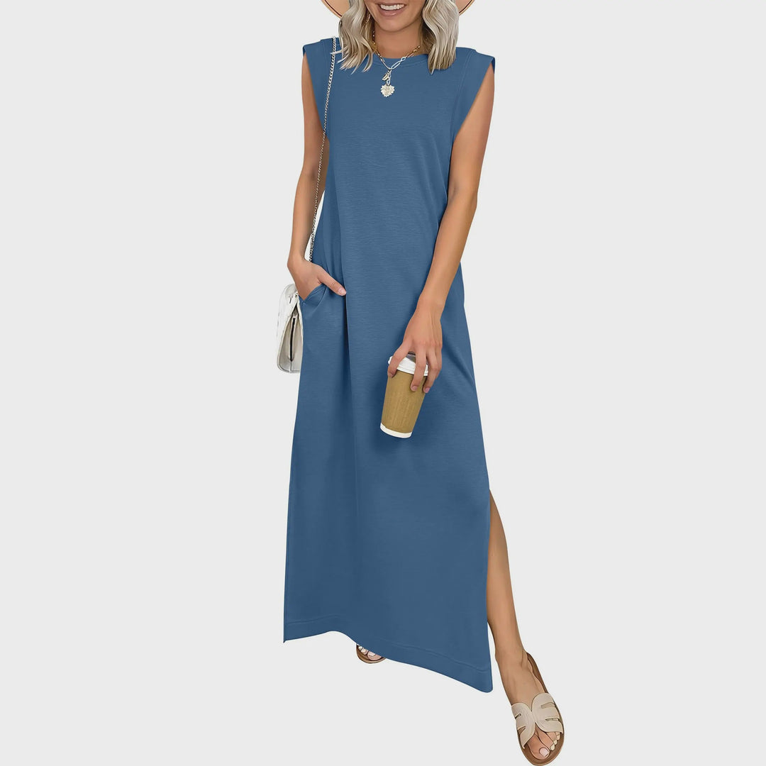 Sleeveless crew neck maxi dress with side pockets and slits for women