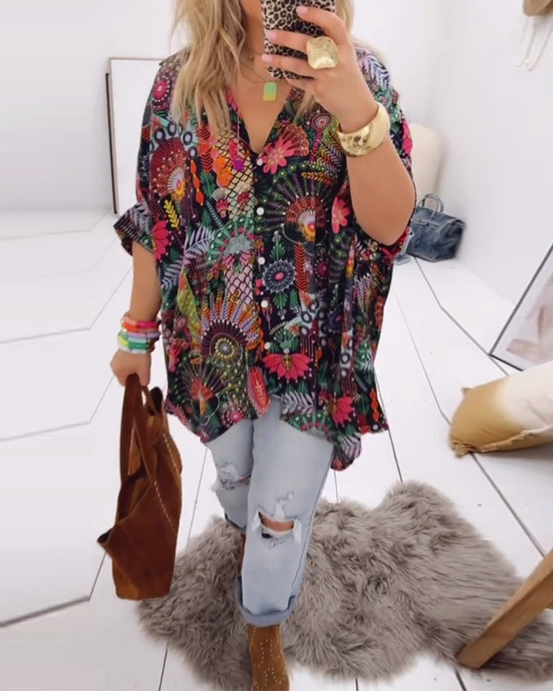 Printed blouse loose fit with lapel collar and half sleeves for women