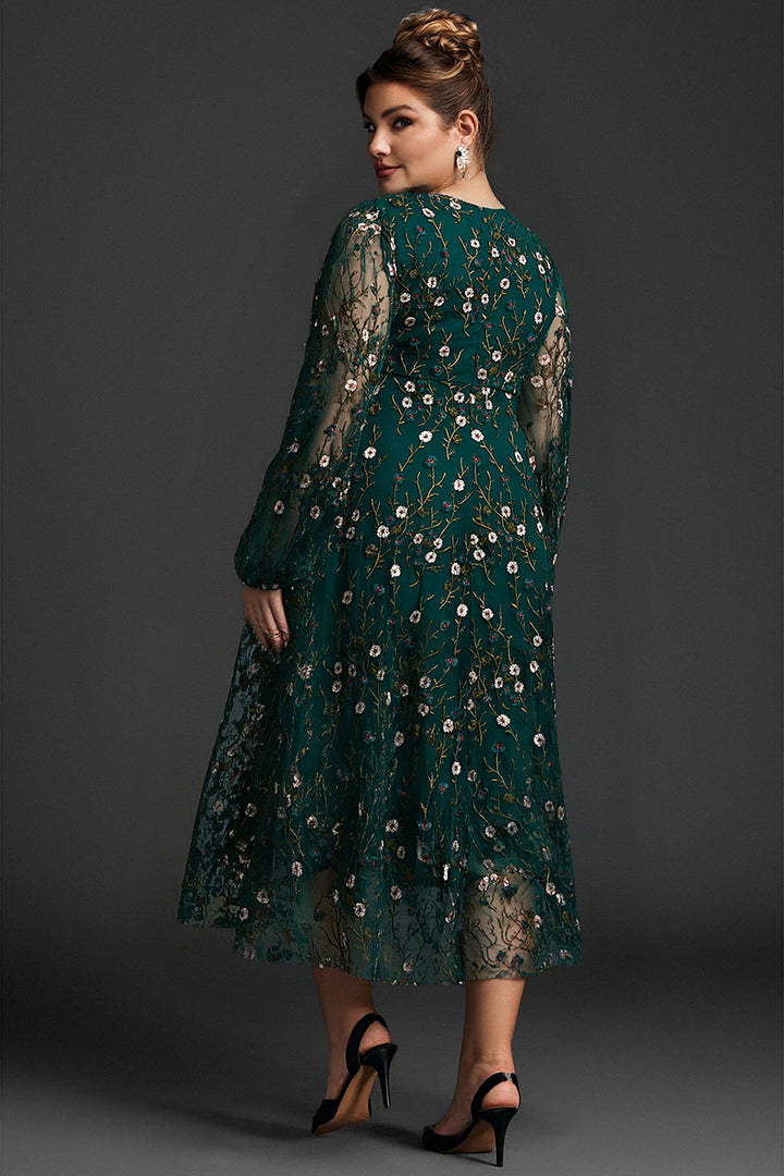 Plus size embroidered maxi dress with ruffle sleeves for women