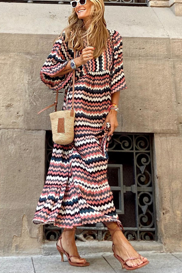 Tiered puff sleeve V-neck long dress for women