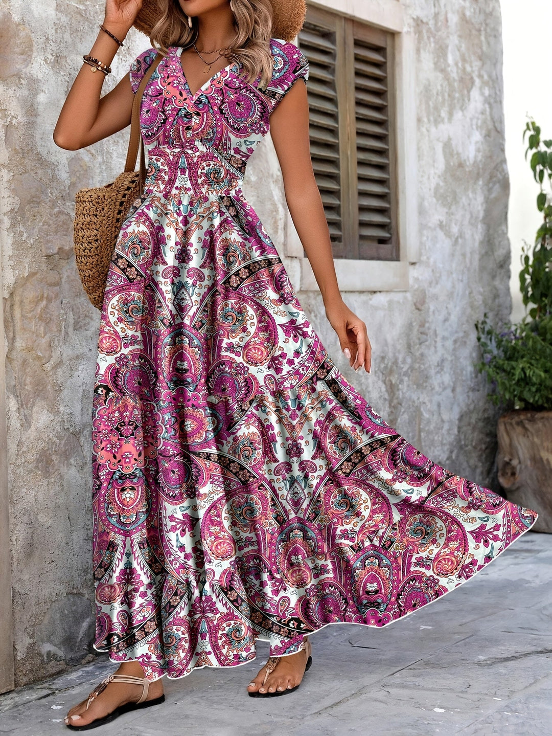 Paisley print maxi dress with gathered waist for women