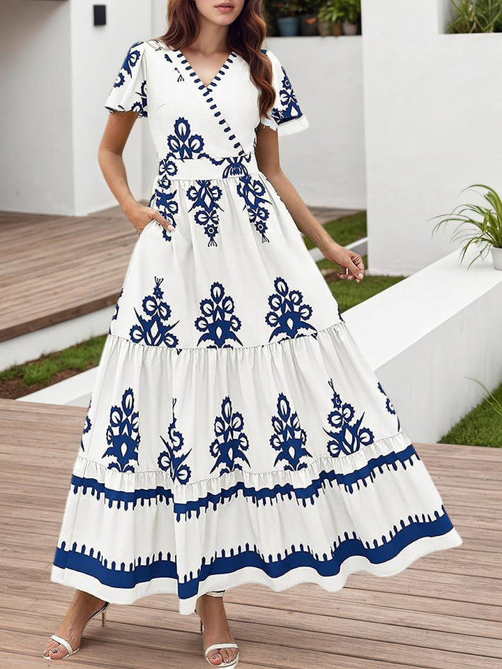 Boho maxi dress V-neck folk print tiered for women