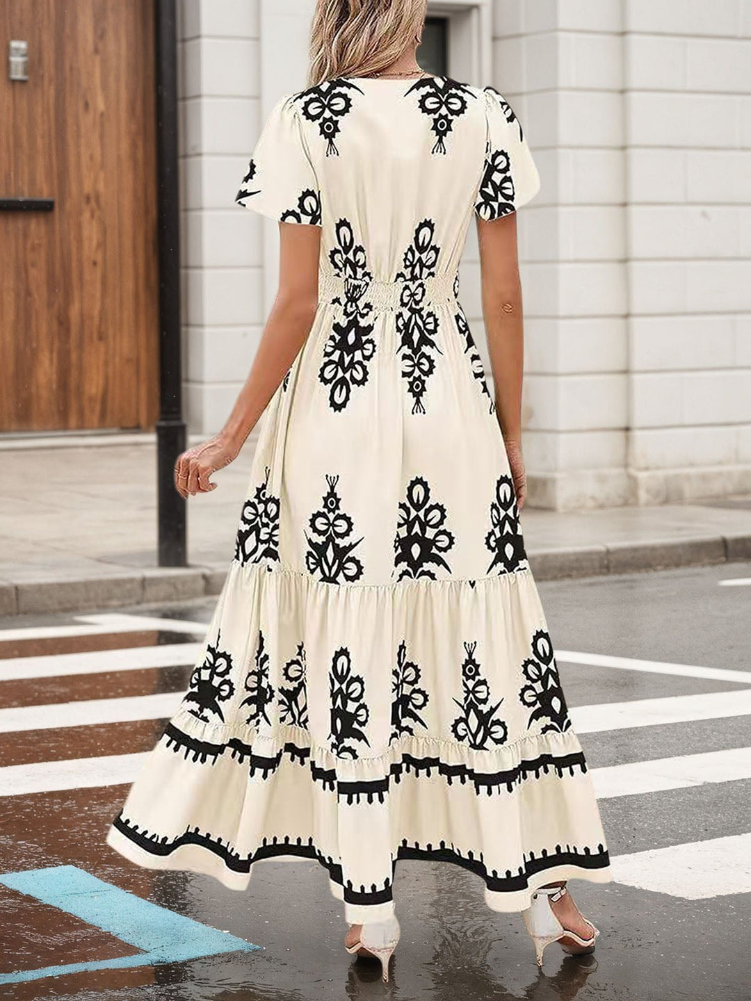 Boho maxi dress V-neck folk print tiered for women