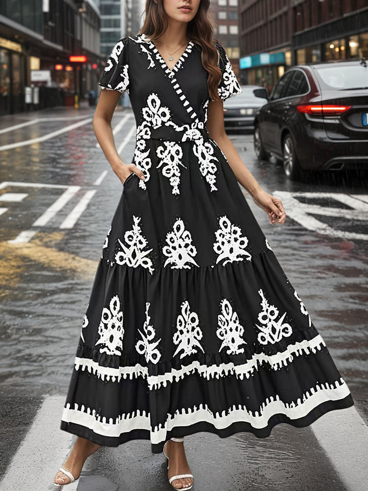 Boho maxi dress V-neck folk print tiered for women