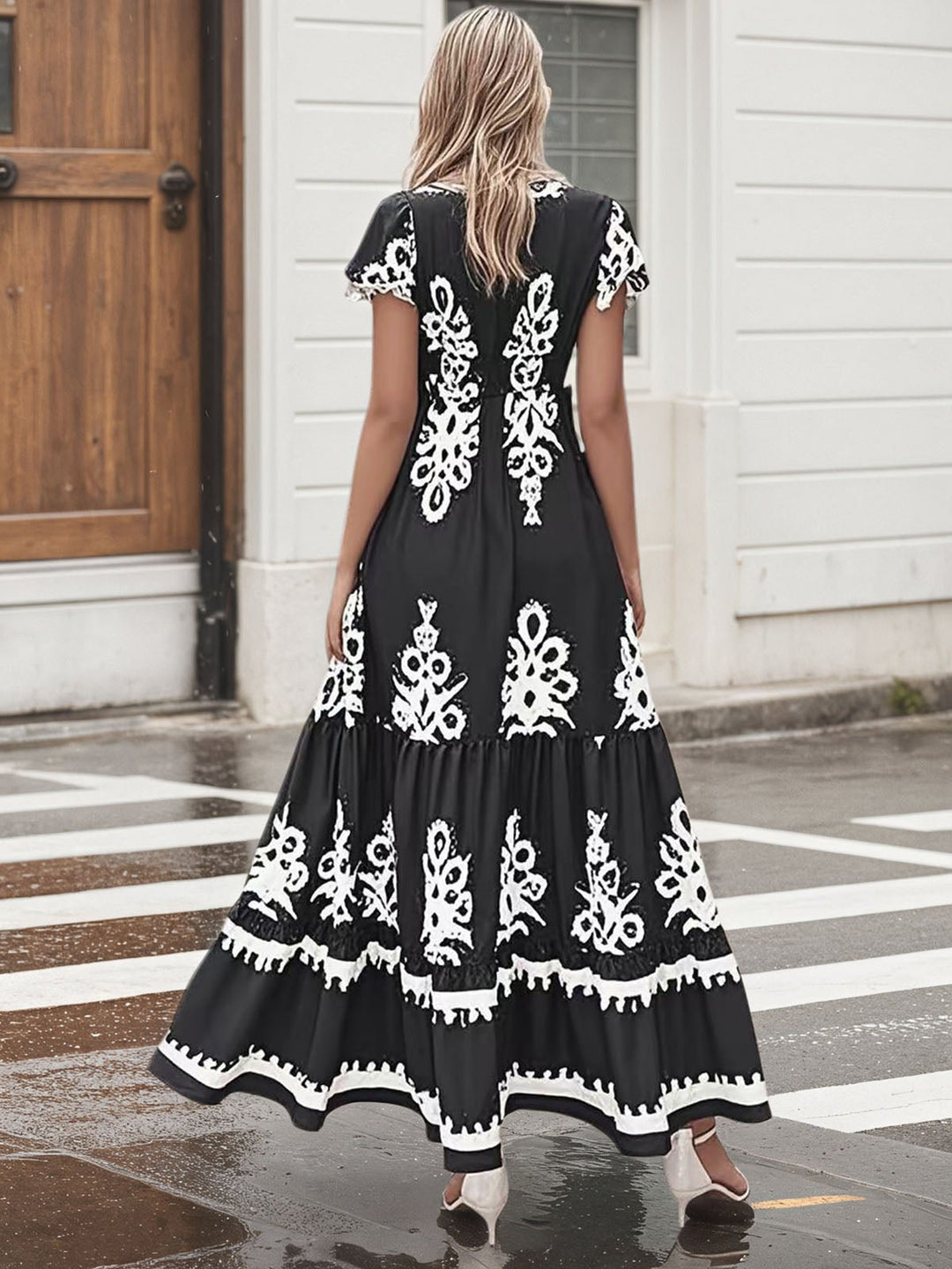 Boho maxi dress V-neck folk print tiered for women
