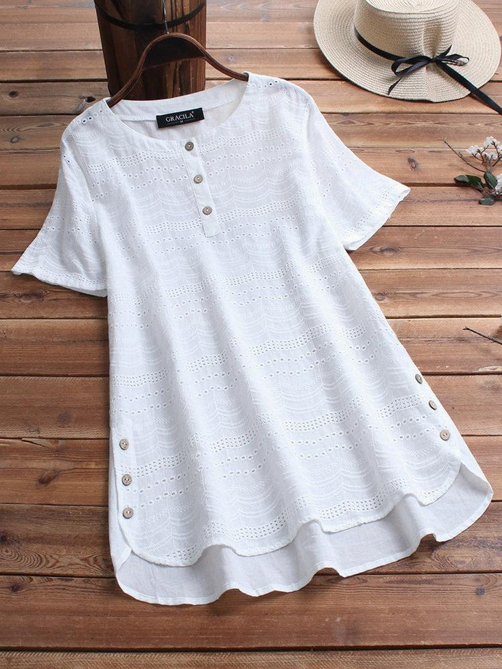 Cotton eyelet tunic top with button detail and short sleeves for women