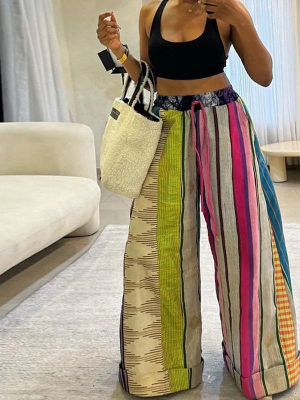 Striped wide-leg trousers with drawstring waist and contrast print for women