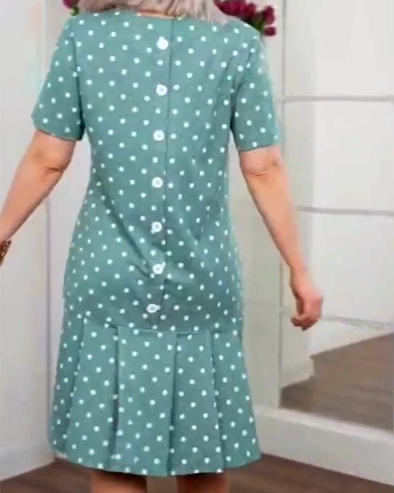 Polka dot dress knee length with buttons and short sleeves for women