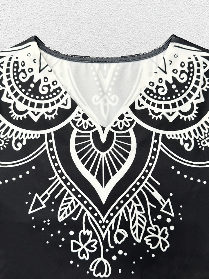 Ornamental print maxi dress with flared skirt for women