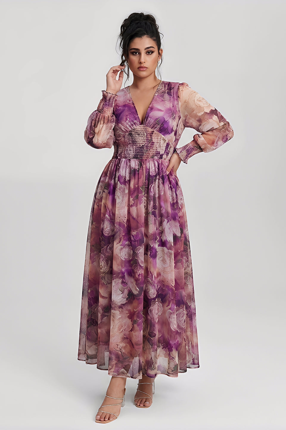 Plus size long sleeve maxi dress with floral waist for women