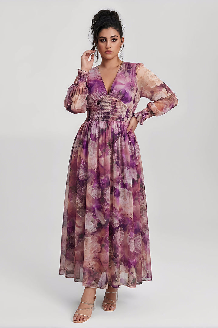 Plus size long sleeve maxi dress with floral waist for women