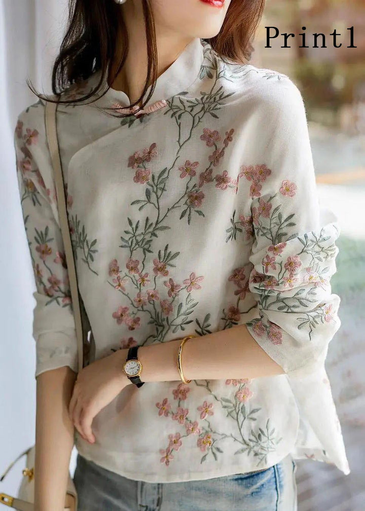 Linen floral print blouse with long sleeves for women