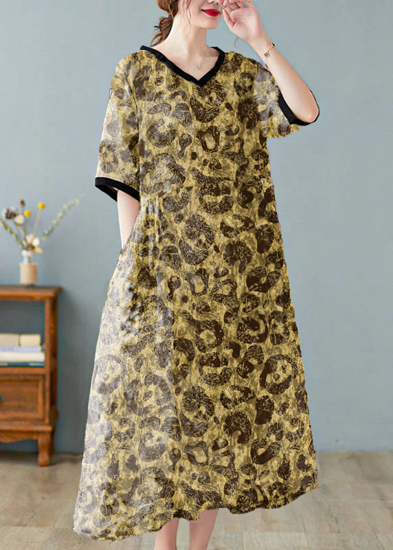 Linen v-neck print dress with short sleeves for women