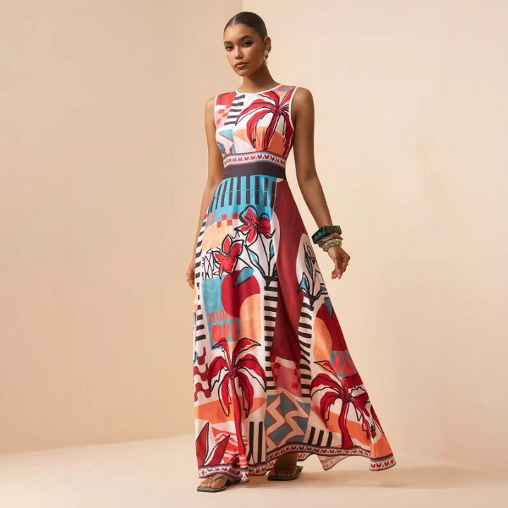 Maxi dress sleeveless with tropical art print for women