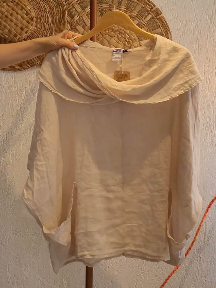Cotton draped neck top with 3/4 sleeves and pockets for women