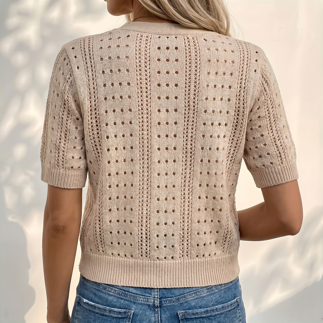 Pointelle knit cardigan with short sleeves and V-neck for women